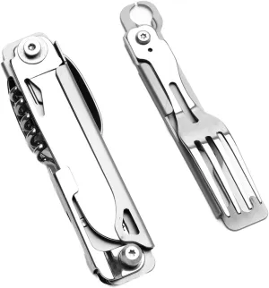 Camping Utensils - 4 In 1 Stainless Steel, Safety Locking Camping Accessories with Durable Sheath - Compact Multi Tool For Camping With Knive, Spoon, Fork, Bottle Opener by Hayvenhurst