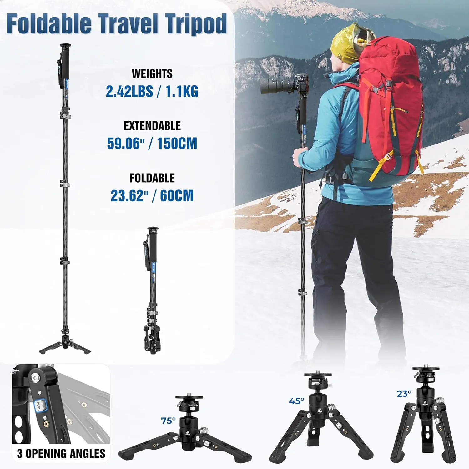Carbon Fiber Monopod with Feet, 59" Portable Lightweight Travel Monopod for DSLR Camera, 360° Panorama, 4 Leg Section, Modular 3 in 1