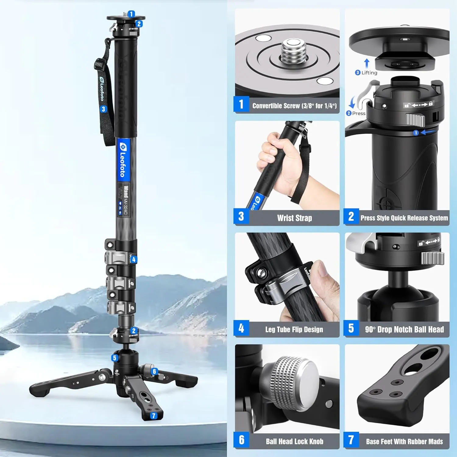 Carbon Fiber Monopod with Feet, 59" Portable Lightweight Travel Monopod for DSLR Camera, 360° Panorama, 4 Leg Section, Modular 3 in 1