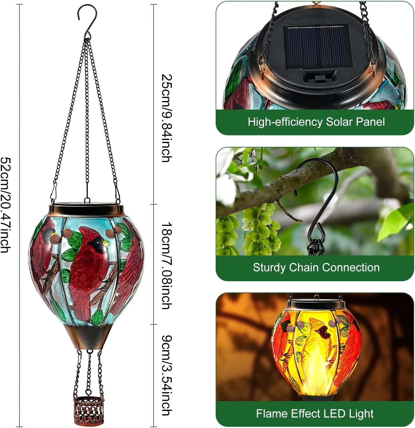 Cardinal Hot Air Balloon Solar Lantern with Flickering Flame - Solar Powered Hot Air Balloon Outdoor Lanterns for Patio Waterproof Decor