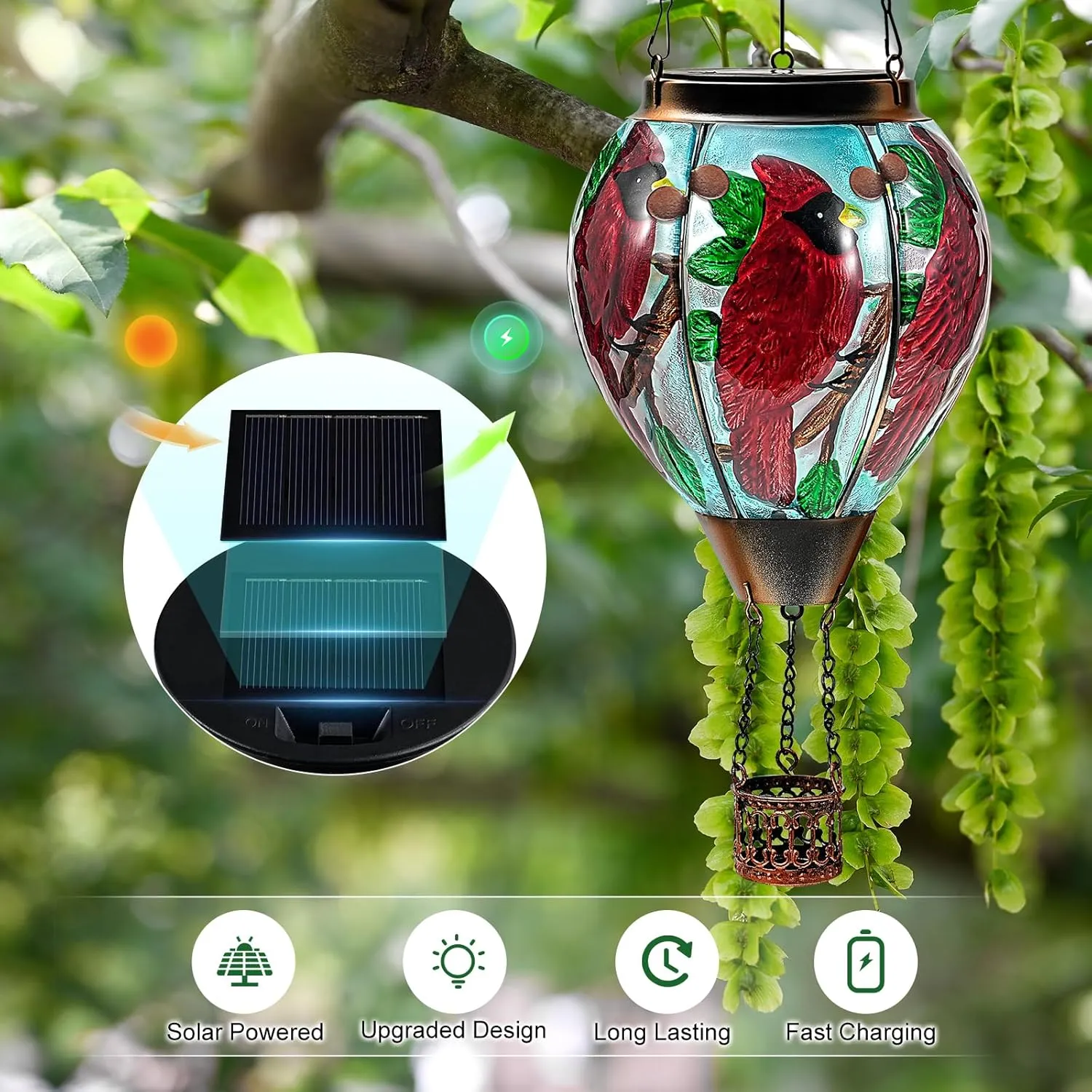 Cardinal Hot Air Balloon Solar Lantern with Flickering Flame - Solar Powered Hot Air Balloon Outdoor Lanterns for Patio Waterproof Decor