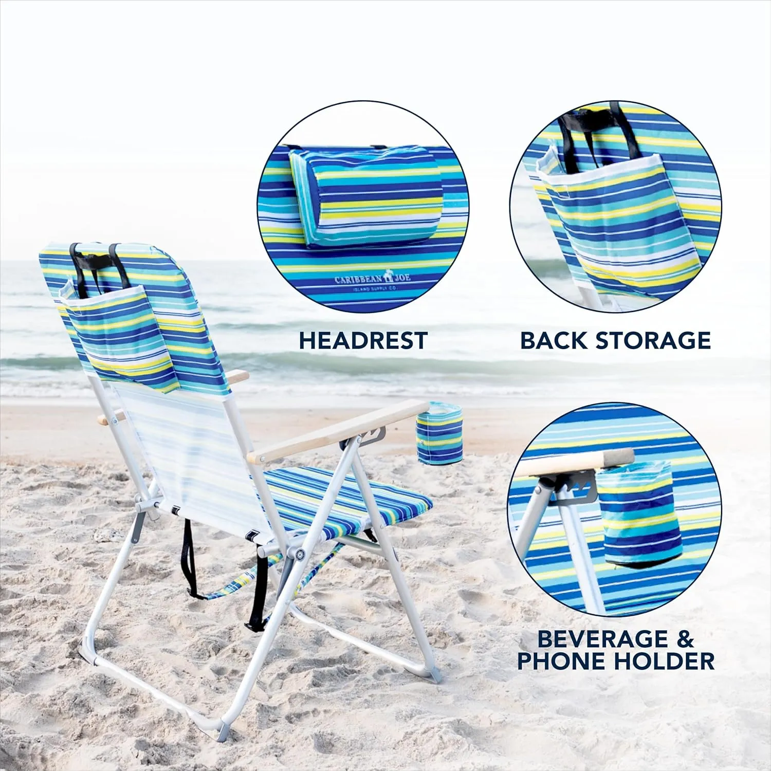 Caribbean Joe Folding Beach Chair, 4 Position Portable Backpack Foldable Camping Chair with Headrest, Cup Holder, and Wooden Armrests, 300 lb Capacity