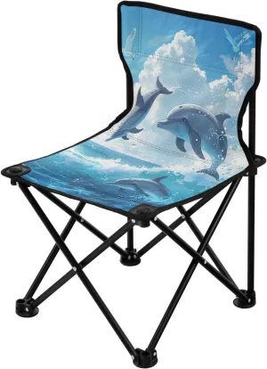 Cartoon Diving Dolphin Portable Outdoor Folding Chair Anti-Slip Padded Oxford Cloth Stool Camping Chair Small for Beach Hiking Fishing Gardening Quad Camp Chair
