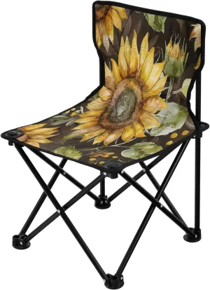 Cartoon Retro Sunflower Portable Outdoor Folding Chair Anti-Slip Padded Oxford Cloth Stool Camping Chair Small for Beach Hiking Fishing Gardening Quad Camp Chair