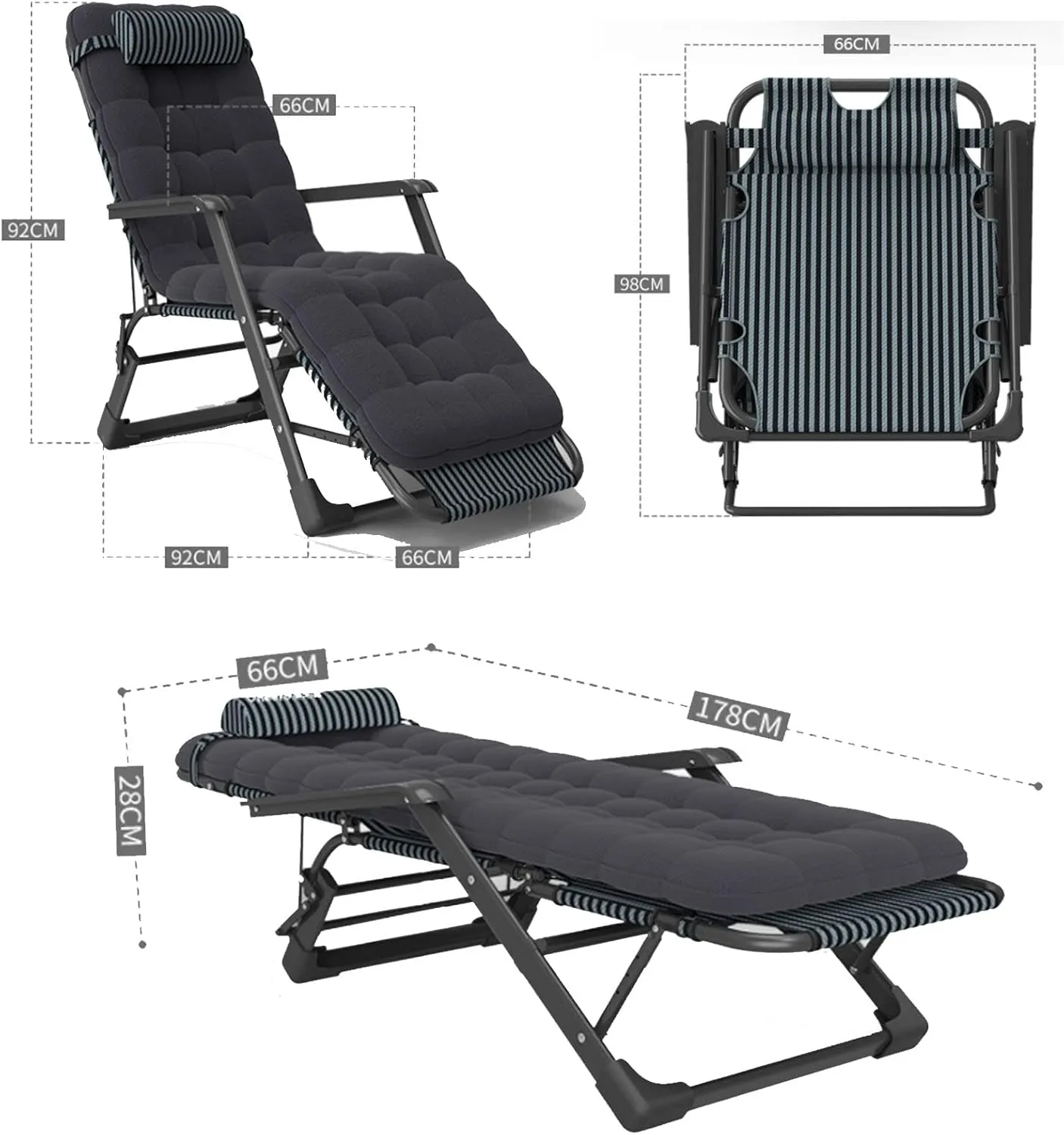 Chair Folding Patio Recliner Adjustable Anti Lounge Chair, for Outdoor, Camping, Garden, Patio, Support 300lbs (Black)
