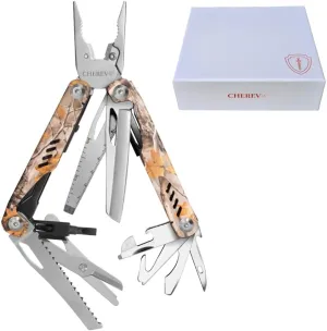 Cherev Tools 19-in-1 Multitool Pliers - Survival Gear Multi Tool with Pocket Knife, Wire Cutter, Ruler, Nail File, Can & Bottle Opener, Cutter, Scissors, Screwdrivers, Self-Driver Bits - Camo Finish