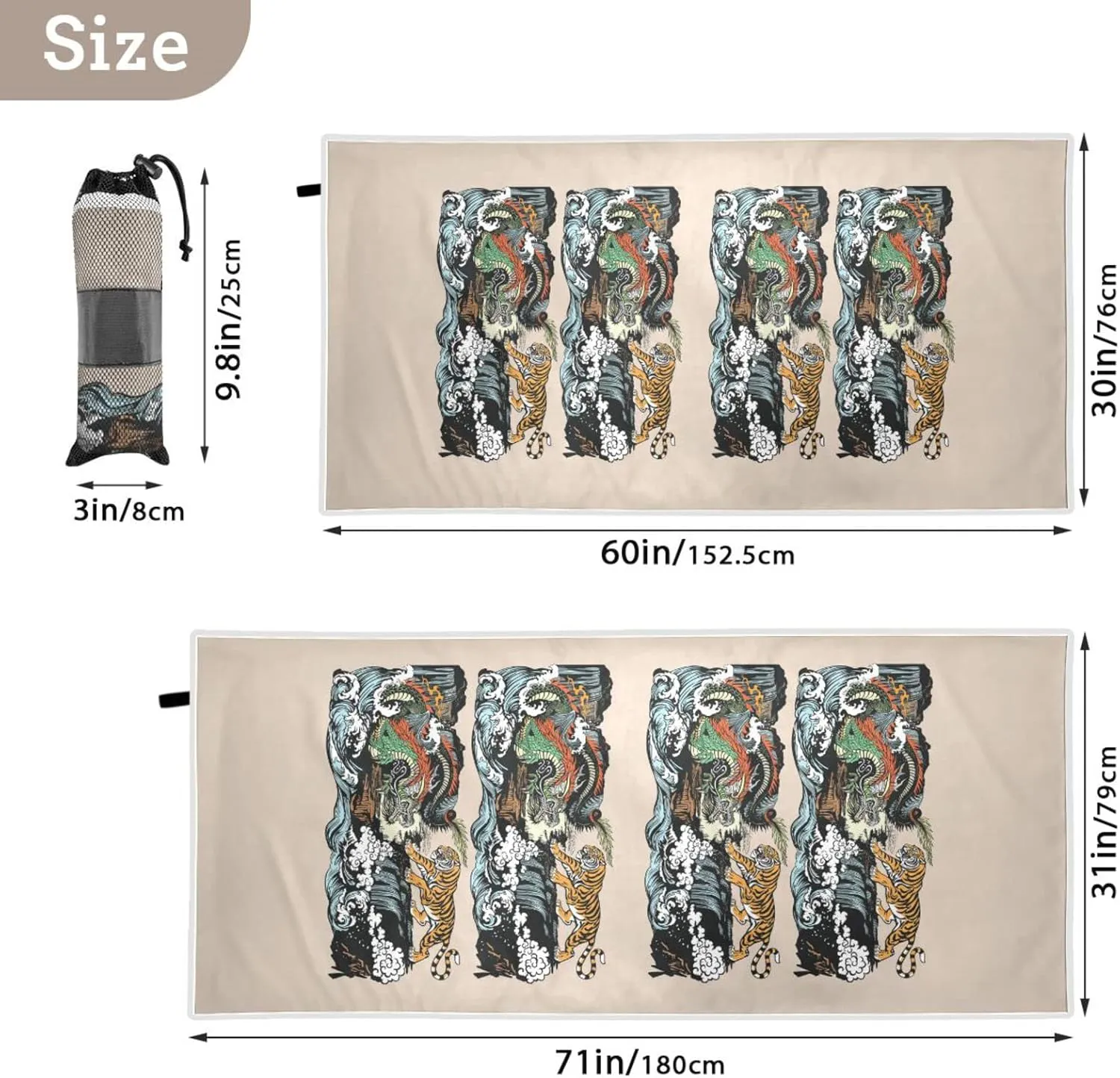 Chinese East Asian Dragon VS Tiger Scene with Waterfall and Water Waves Quick Drying Beach Towel, Foldable Yoga Towel, Soft Sport Towel, Sweat Absorbent Towel with Storage Mesh Bag 31 x 71 inch (M)
