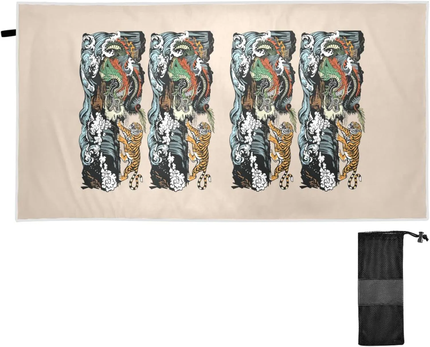Chinese East Asian Dragon VS Tiger Scene with Waterfall and Water Waves Quick Drying Beach Towel, Foldable Yoga Towel, Soft Sport Towel, Sweat Absorbent Towel with Storage Mesh Bag 31 x 71 inch (M)