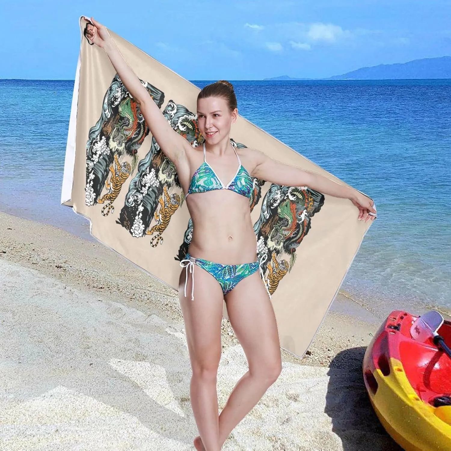 Chinese East Asian Dragon VS Tiger Scene with Waterfall and Water Waves Quick Drying Beach Towel, Foldable Yoga Towel, Soft Sport Towel, Sweat Absorbent Towel with Storage Mesh Bag 31 x 71 inch (M)