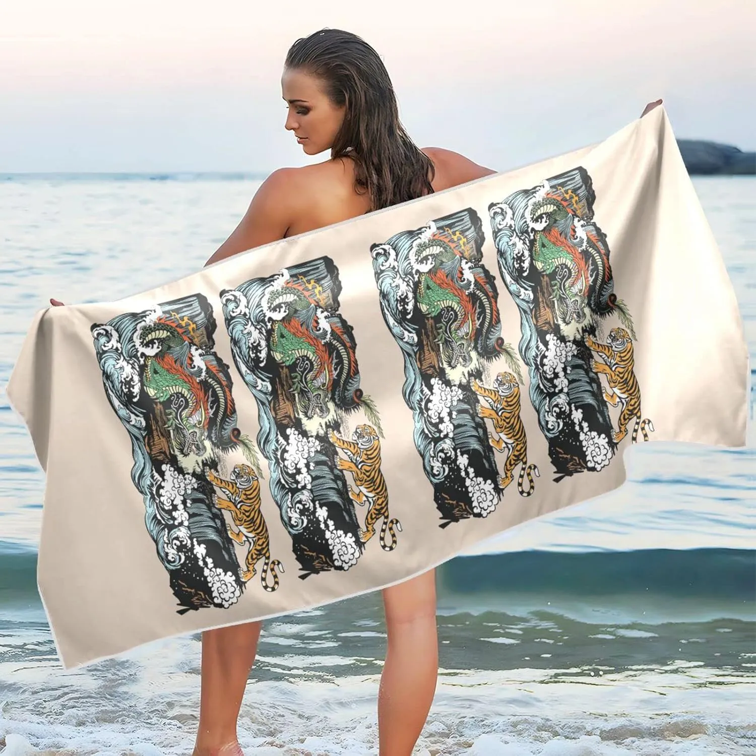 Chinese East Asian Dragon VS Tiger Scene with Waterfall and Water Waves Quick Drying Beach Towel, Foldable Yoga Towel, Soft Sport Towel, Sweat Absorbent Towel with Storage Mesh Bag 31 x 71 inch (M)