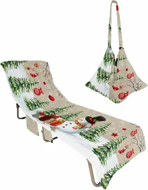 Christmas Beach Pool Patio Lounge Chaise Chair Cover Towel With Pockets,Absorbent & Quick Dry Microfiber Towel Cover Bag Summer Travel Accessories for Sunbathing Burlap Winter Snowman Snowy Tree Socks