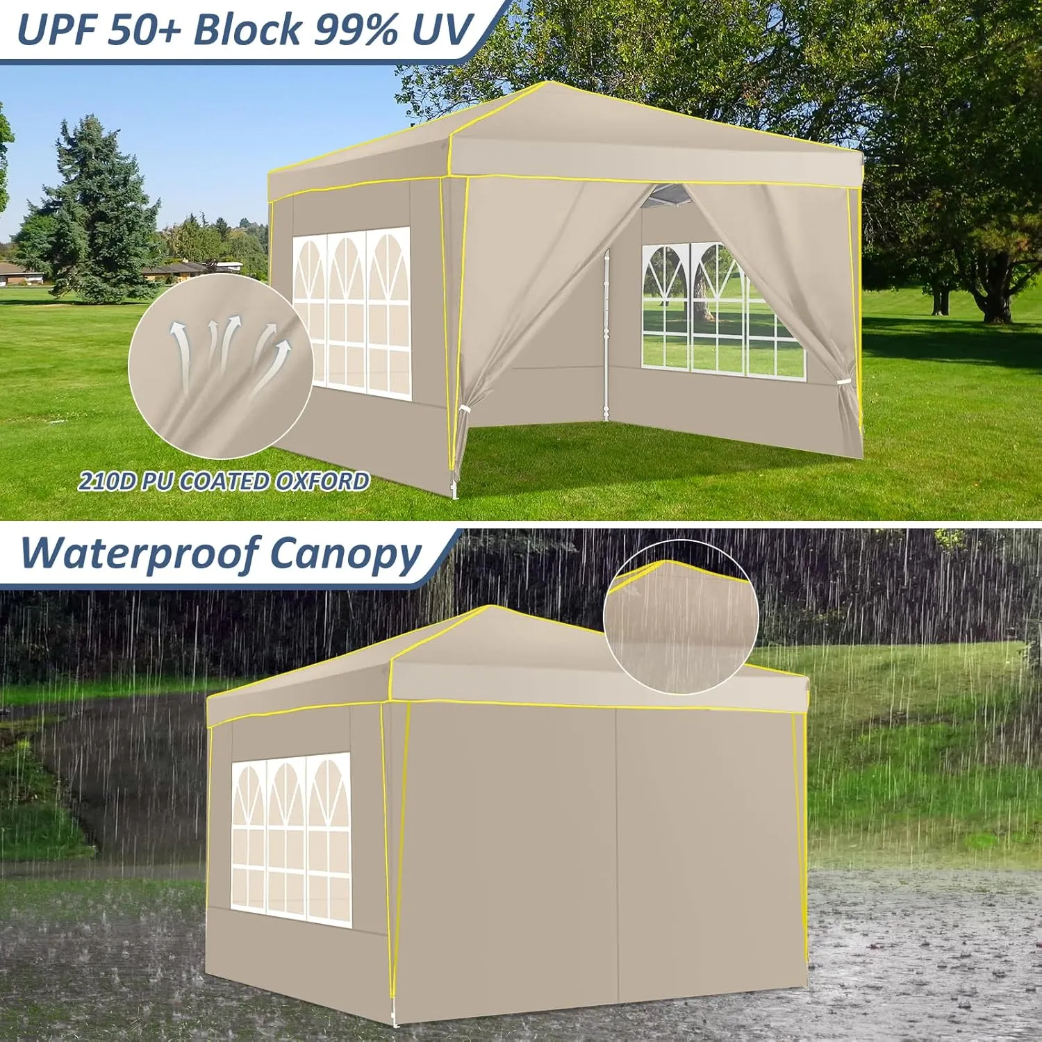 COBIZI 10x10 Pop Up Canopy Tent with 4 Removable Sidewalls, One Person Setup, Outdoor Event Commercial Canopy, UV Protection 50 , 3 Adjustable Heights, Carry Bag, Sandbag, Stakes & Ropes, Khaki