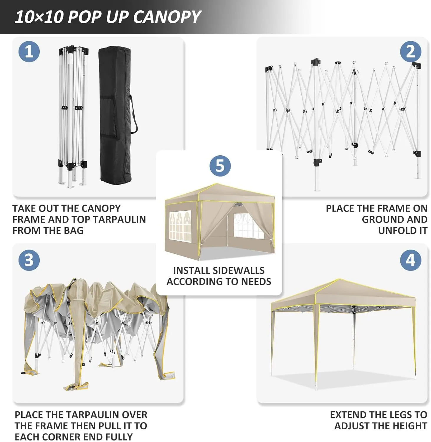 COBIZI 10x10 Pop Up Canopy Tent with 4 Removable Sidewalls, One Person Setup, Outdoor Event Commercial Canopy, UV Protection 50 , 3 Adjustable Heights, Carry Bag, Sandbag, Stakes & Ropes, Khaki