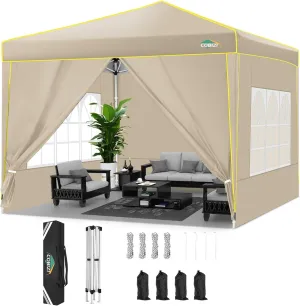 COBIZI 10x10 Pop Up Canopy Tent with 4 Removable Sidewalls, One Person Setup, Outdoor Event Commercial Canopy, UV Protection 50 , 3 Adjustable Heights, Carry Bag, Sandbag, Stakes & Ropes, Khaki