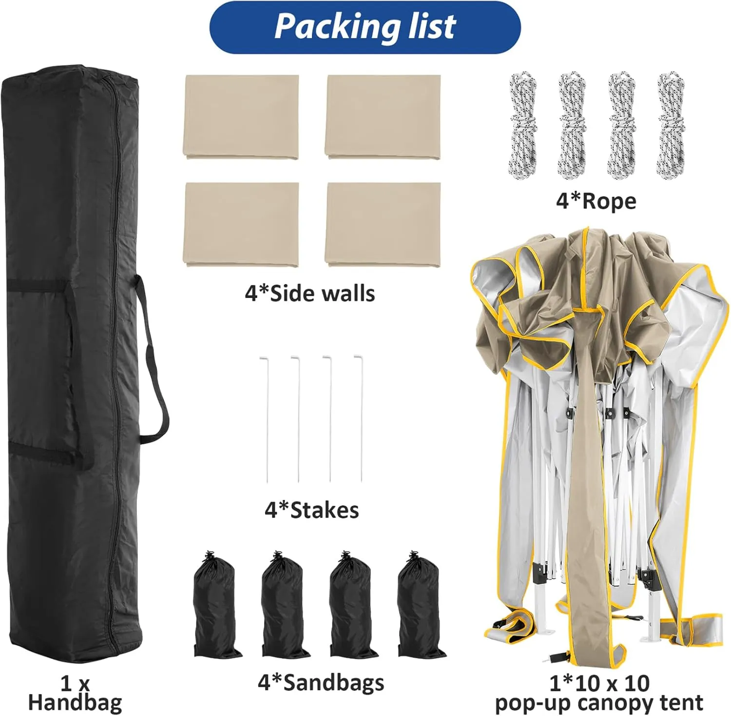 COBIZI 10x10 Pop Up Canopy Tent with 4 Removable Sidewalls, One Person Setup, Outdoor Event Commercial Canopy, UV Protection 50 , 3 Adjustable Heights, Carry Bag, Sandbag, Stakes & Ropes, Khaki