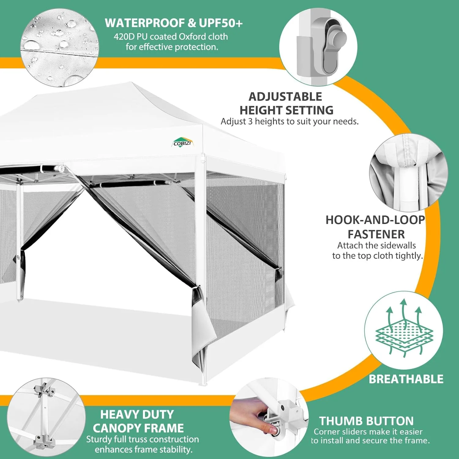 COBIZI 10x15 Canopy Tent with 4 Sidewalls,Heavy Duty Pop up Canopy with Mosquito Netting,Easy up Screen Canopy for Parties Wedding Patio Tent with Handbag,White