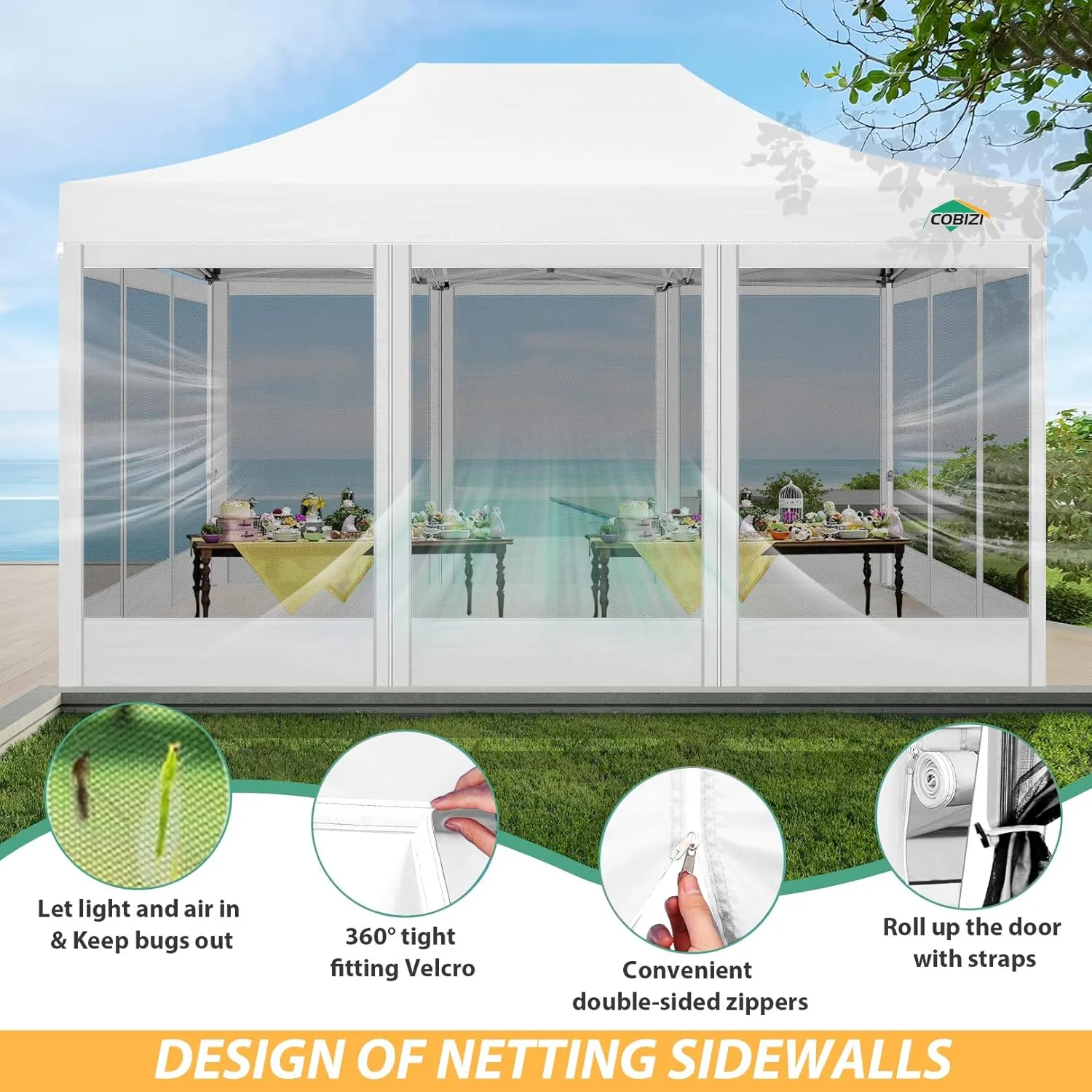 COBIZI 10x15 Canopy Tent with 4 Sidewalls,Heavy Duty Pop up Canopy with Mosquito Netting,Easy up Screen Canopy for Parties Wedding Patio Tent with Handbag,White