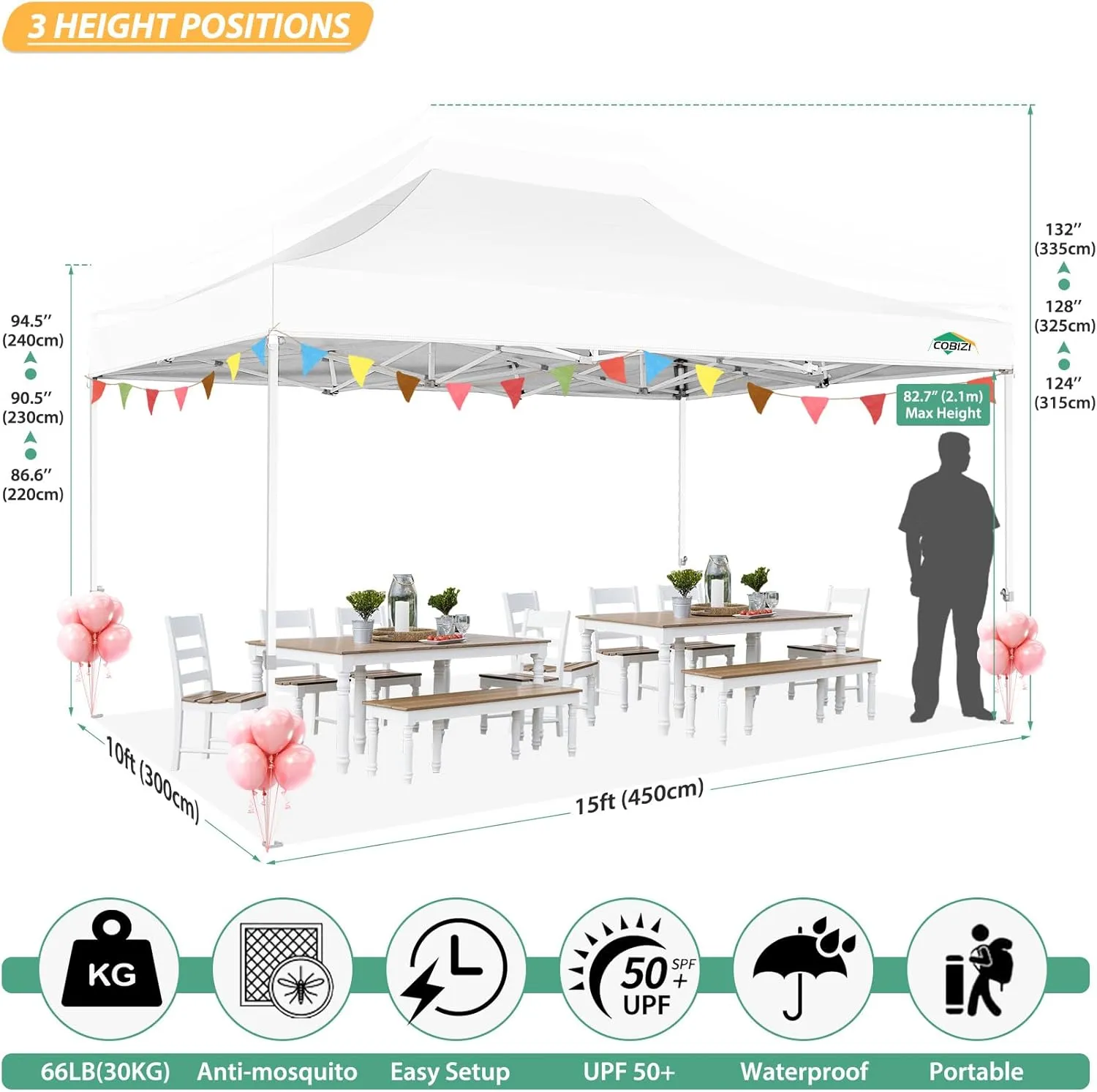 COBIZI 10x15 Canopy Tent with 4 Sidewalls,Heavy Duty Pop up Canopy with Mosquito Netting,Easy up Screen Canopy for Parties Wedding Patio Tent with Handbag,White