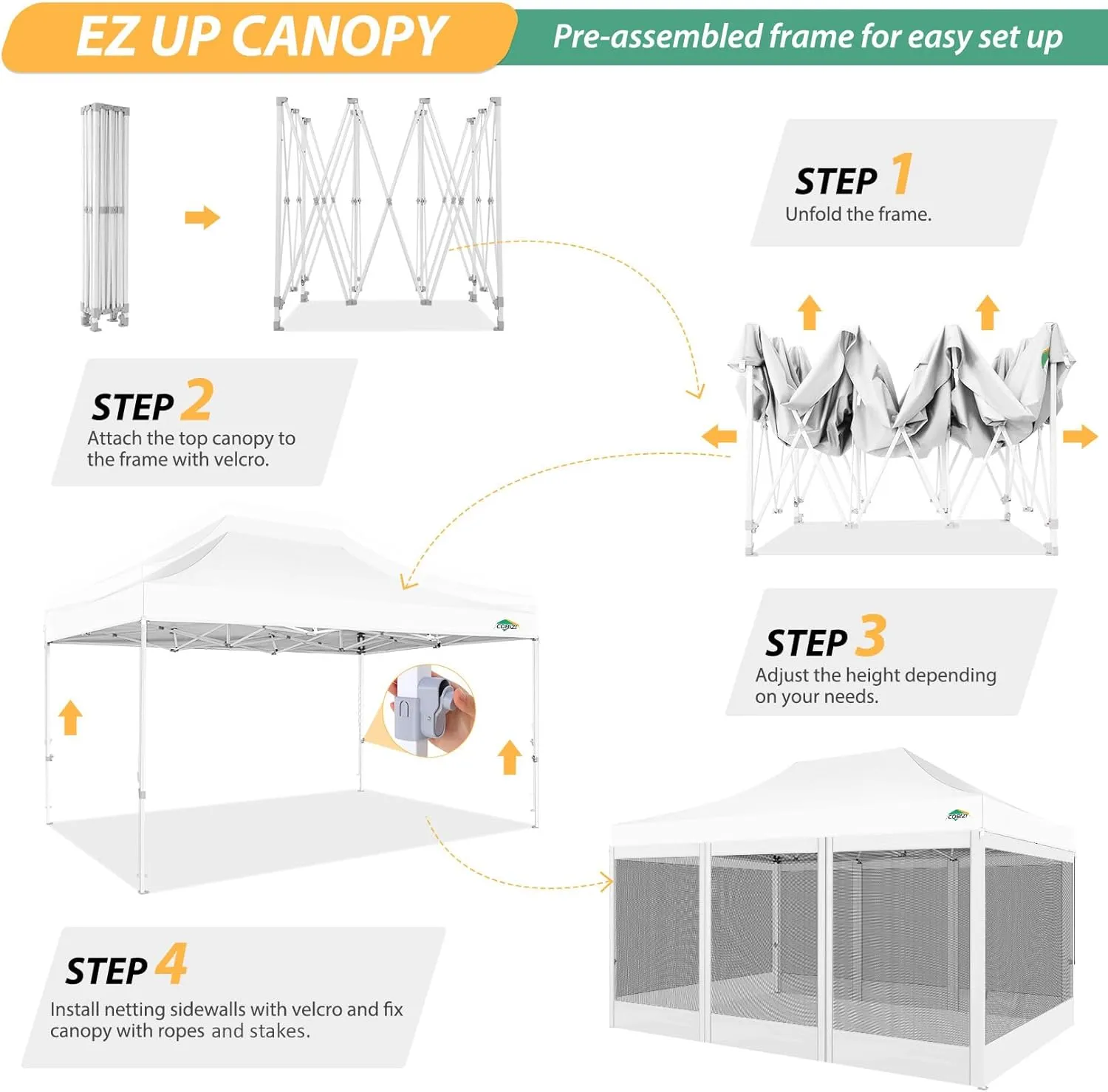 COBIZI 10x15 Canopy Tent with 4 Sidewalls,Heavy Duty Pop up Canopy with Mosquito Netting,Easy up Screen Canopy for Parties Wedding Patio Tent with Handbag,White