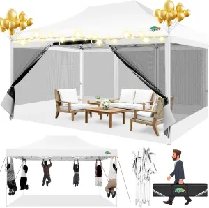 COBIZI 10x15 Canopy Tent with 4 Sidewalls,Heavy Duty Pop up Canopy with Mosquito Netting,Easy up Screen Canopy for Parties Wedding Patio Tent with Handbag,White