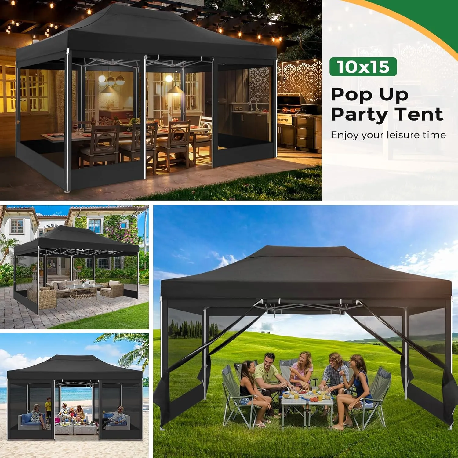 COBIZI 10x15 Heavy Duty Pop Up Canopy with 4 Sidewalls, Commercial Gazebo Party Tent with Mosquito Netting Wall Easy Set Up Outdoor Instant Screen Tent for Backyard, Patio, Garden, Black