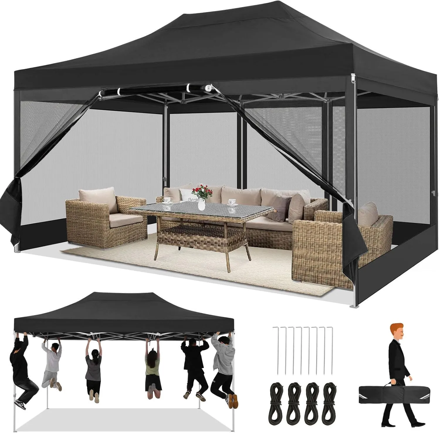 COBIZI 10x15 Heavy Duty Pop Up Canopy with 4 Sidewalls, Commercial Gazebo Party Tent with Mosquito Netting Wall Easy Set Up Outdoor Instant Screen Tent for Backyard, Patio, Garden, Black