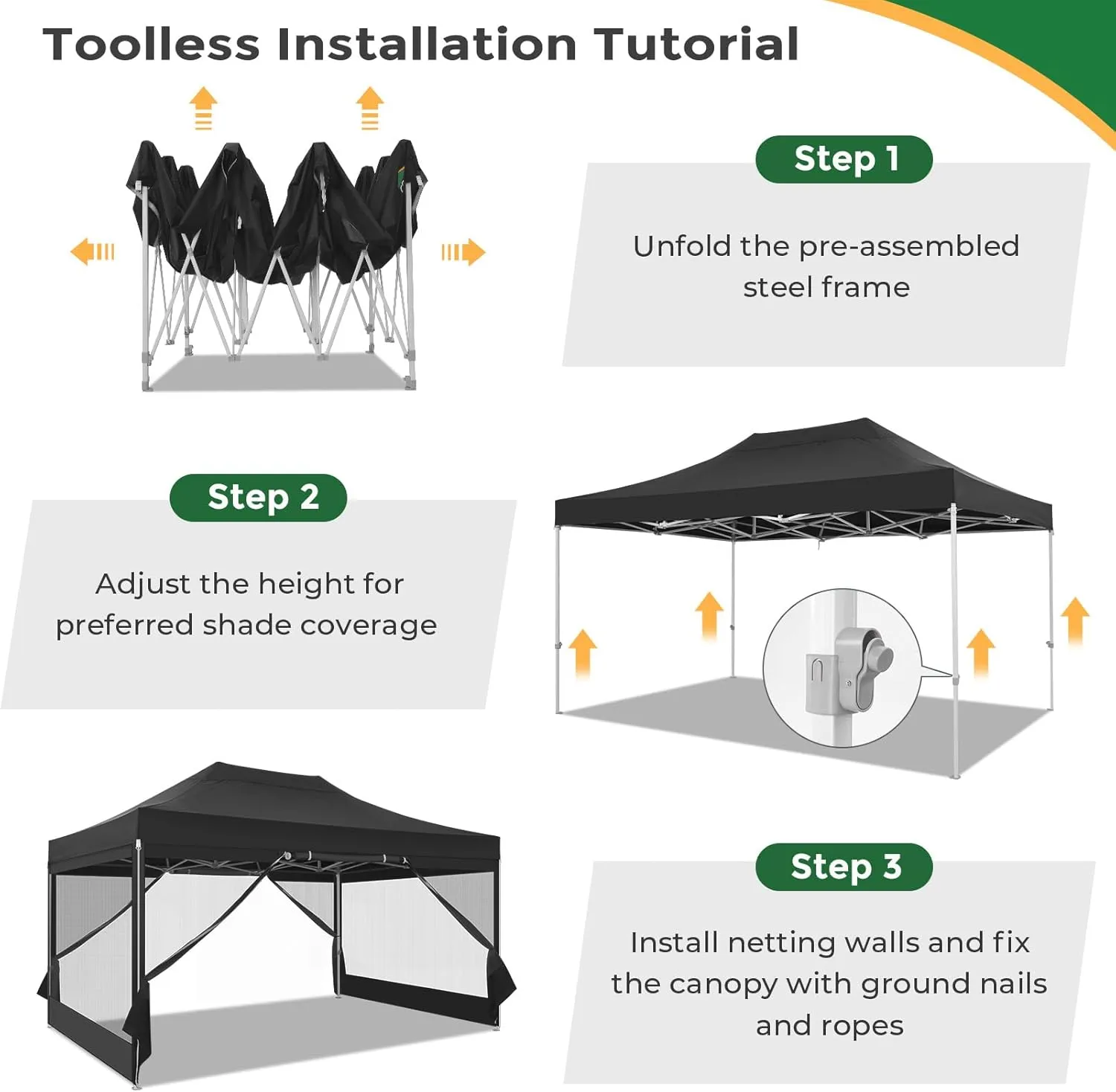 COBIZI 10x15 Heavy Duty Pop Up Canopy with 4 Sidewalls, Commercial Gazebo Party Tent with Mosquito Netting Wall Easy Set Up Outdoor Instant Screen Tent for Backyard, Patio, Garden, Black