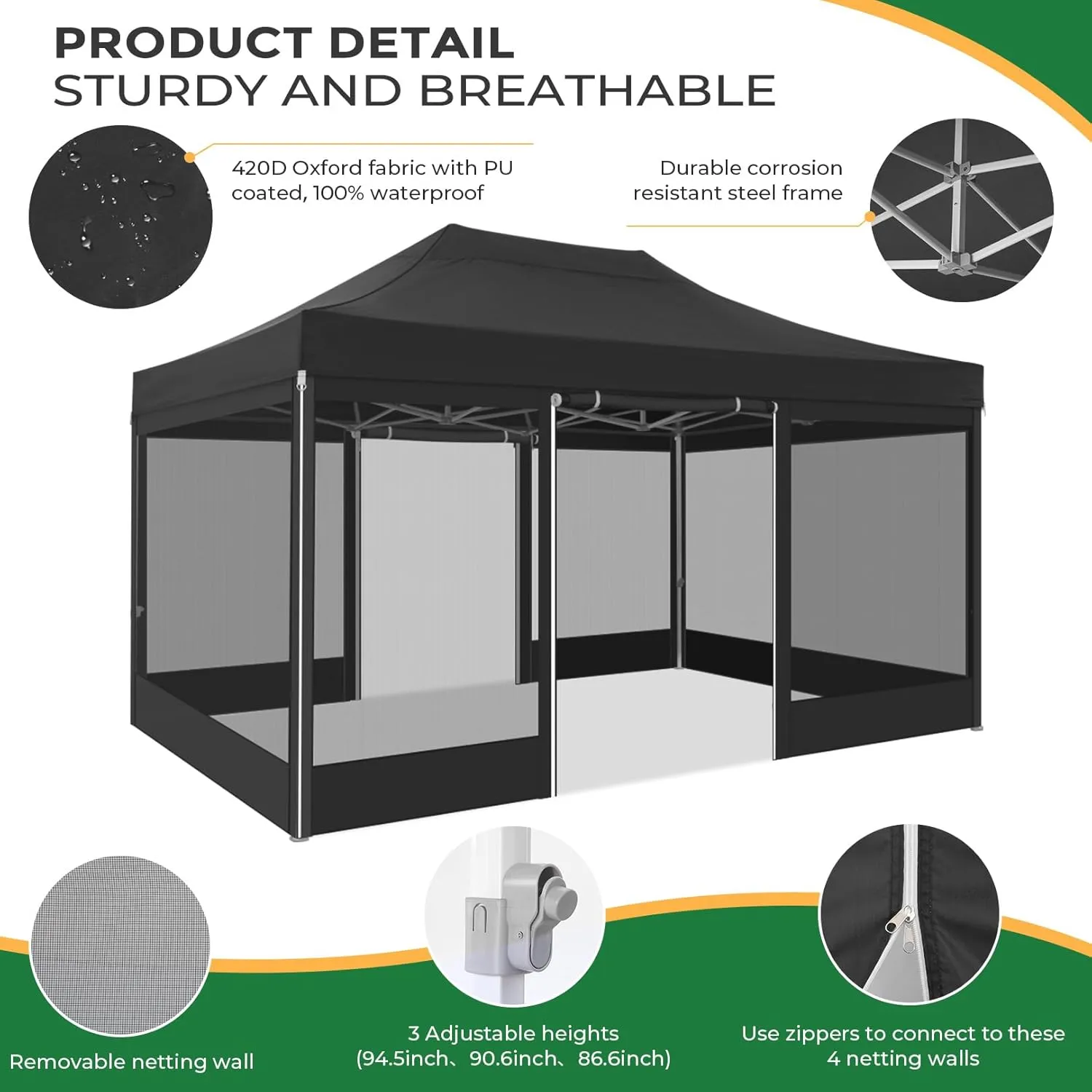 COBIZI 10x15 Heavy Duty Pop Up Canopy with 4 Sidewalls, Commercial Gazebo Party Tent with Mosquito Netting Wall Easy Set Up Outdoor Instant Screen Tent for Backyard, Patio, Garden, Black