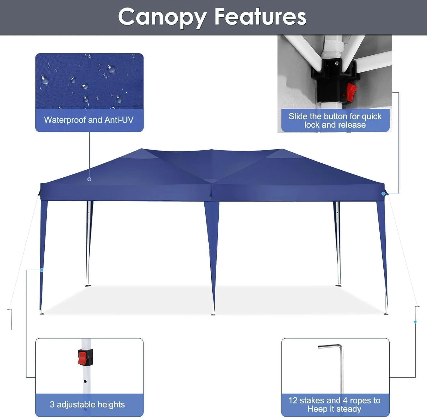 COBIZI 10x20 Pop Up Canopy Tent Party Tents for Parties Weddings Backyard Waterproof Outdoor Commercial Instant Canopy Event Tent with Stakes, Ropes,Sandbags, Navy Blue
