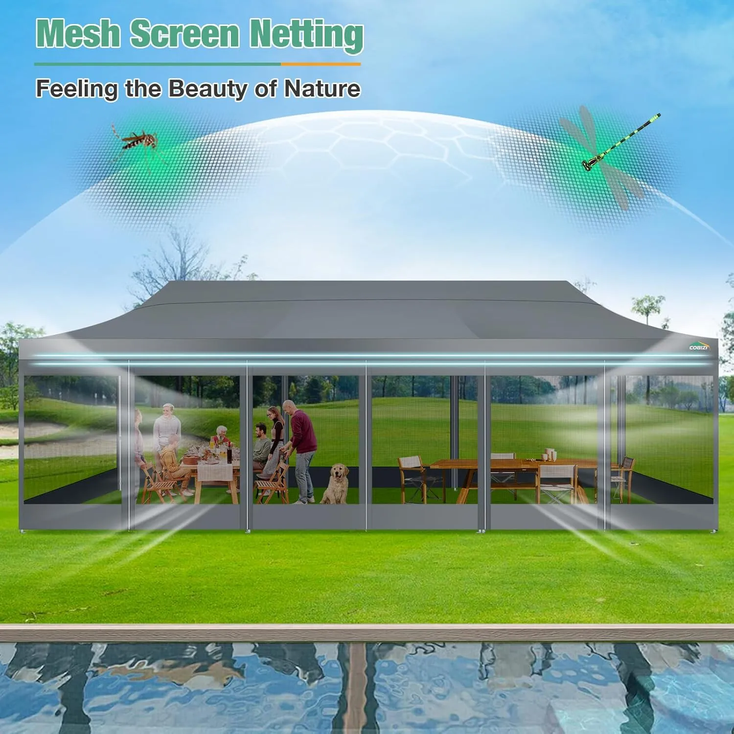 COBIZI 10x30 Canopy Tent, Heavy Duty Pop up Canopy with Sidewalls, Waterproof Easy Setup Canopy with Mosquito Netting, Outdoor Instant Screen Tents for Parties, Wedding with Roller Bag, Gray