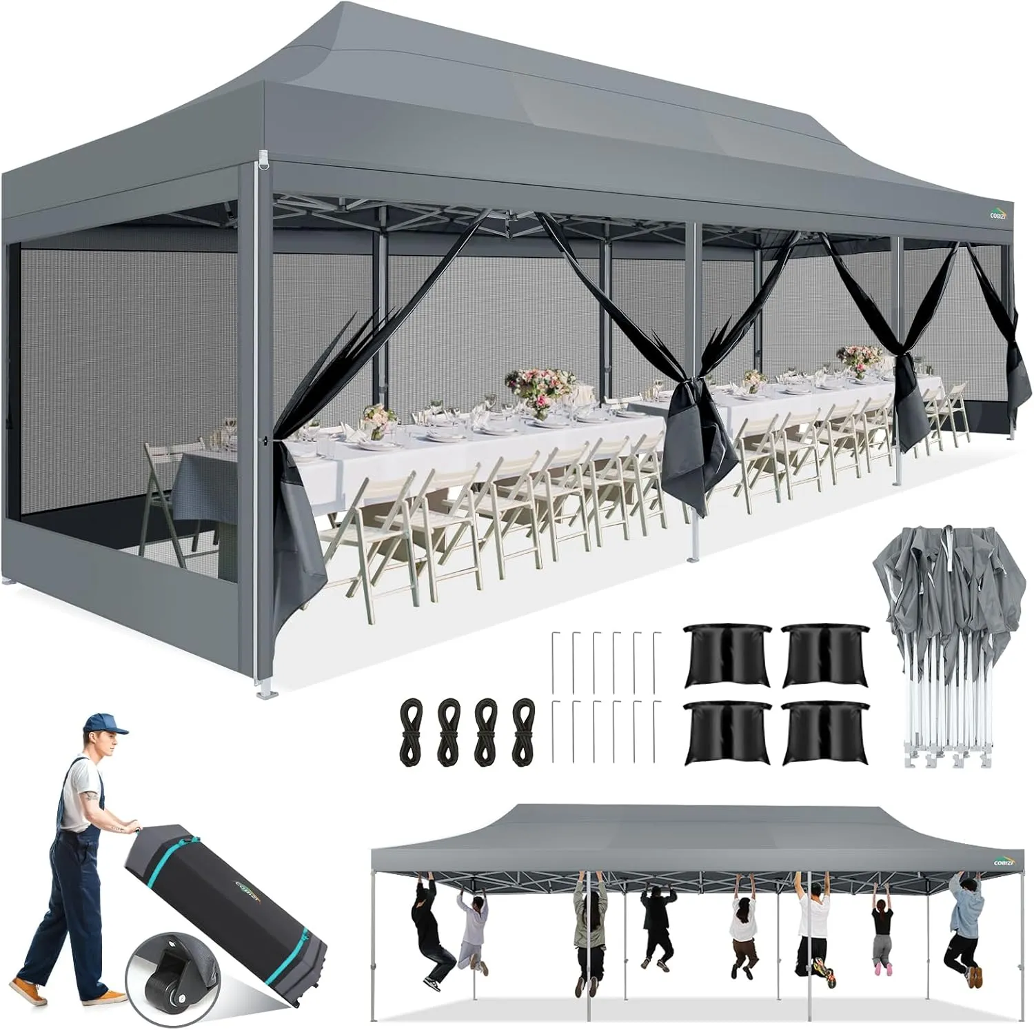 COBIZI 10x30 Canopy Tent, Heavy Duty Pop up Canopy with Sidewalls, Waterproof Easy Setup Canopy with Mosquito Netting, Outdoor Instant Screen Tents for Parties, Wedding with Roller Bag, Gray