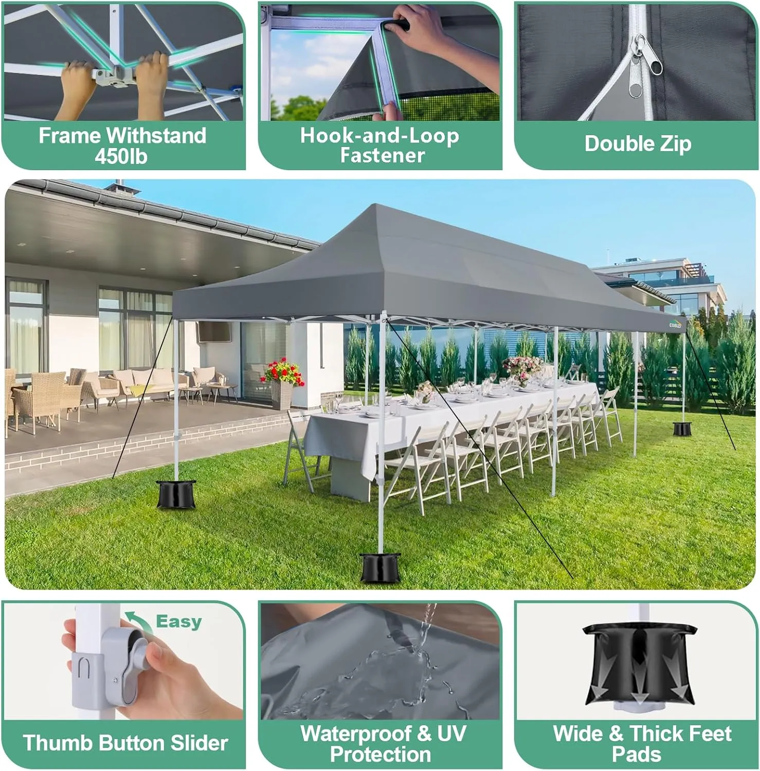 COBIZI 10x30 Canopy Tent, Heavy Duty Pop up Canopy with Sidewalls, Waterproof Easy Setup Canopy with Mosquito Netting, Outdoor Instant Screen Tents for Parties, Wedding with Roller Bag, Gray