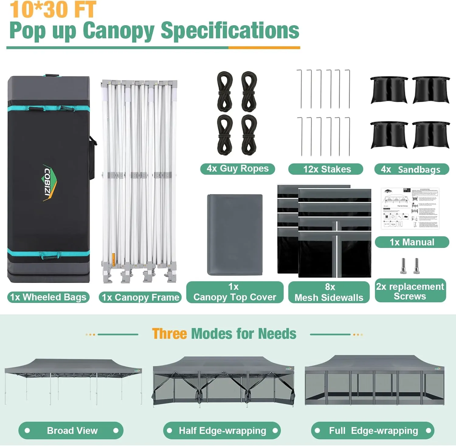 COBIZI 10x30 Canopy Tent, Heavy Duty Pop up Canopy with Sidewalls, Waterproof Easy Setup Canopy with Mosquito Netting, Outdoor Instant Screen Tents for Parties, Wedding with Roller Bag, Gray