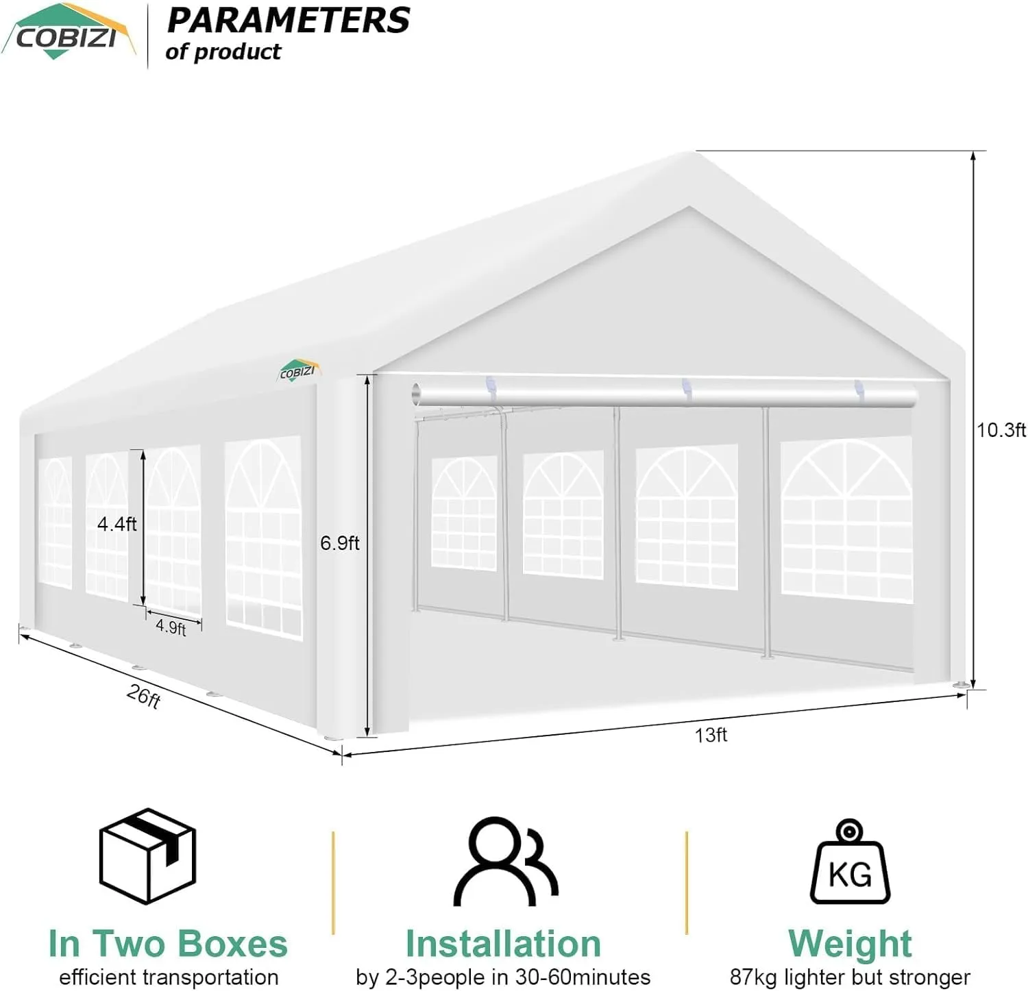 COBIZI 13x26FT Party Tent Heavy Duty Outdoor Gazebo White Event Shelter Wedding Canopy Tent for Parties Carport Commercial with Removable Sidewall Windows, Powder Coating (Better Than Galvanized)