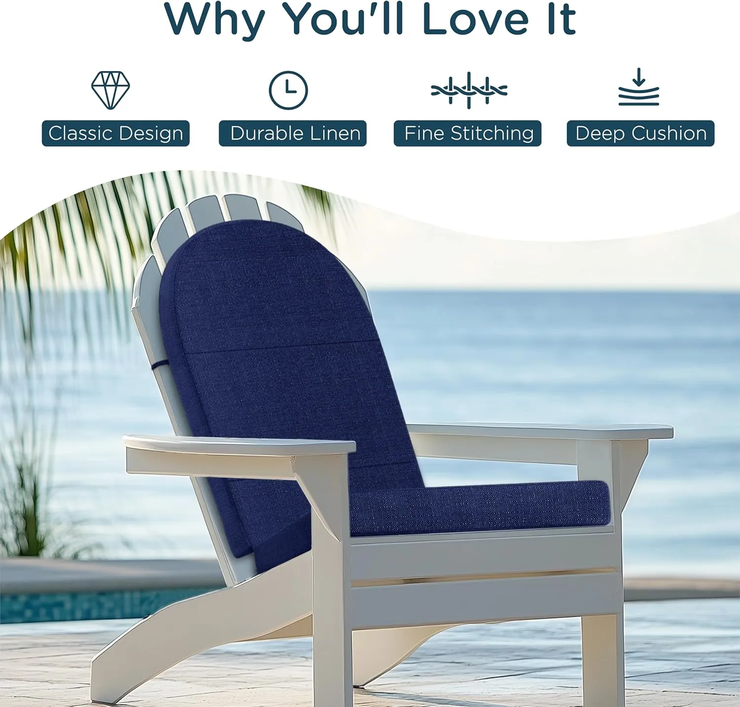 Codi Adirondack Chair Cushion – Thick Padded Outdoor Seat for Patio & Porch, Fade Resistant Waterproof Fabric with Ties, Navy Blue