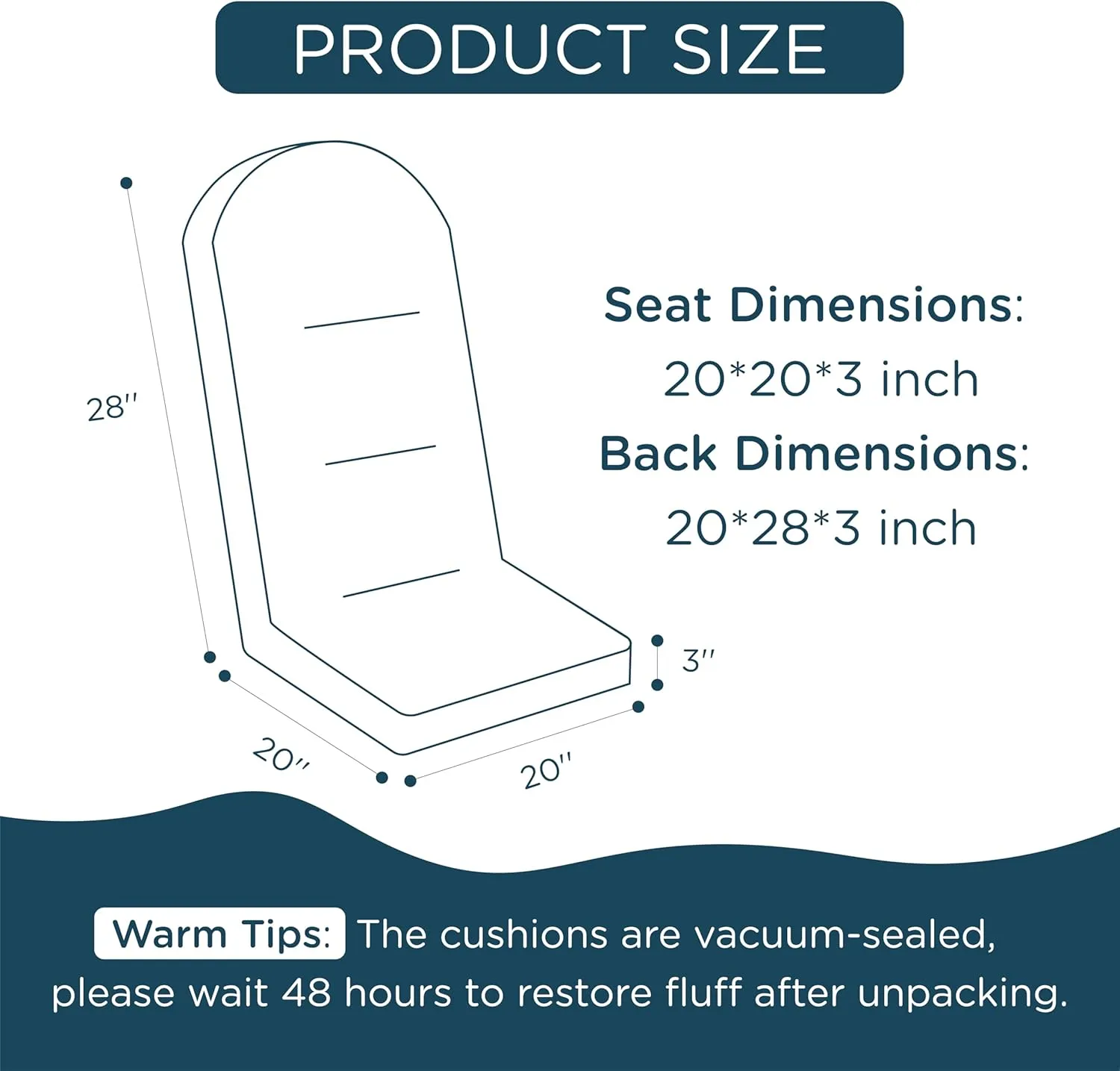 Codi Adirondack Chair Cushion – Thick Padded Outdoor Seat for Patio & Porch, Fade Resistant Waterproof Fabric with Ties, Navy Blue