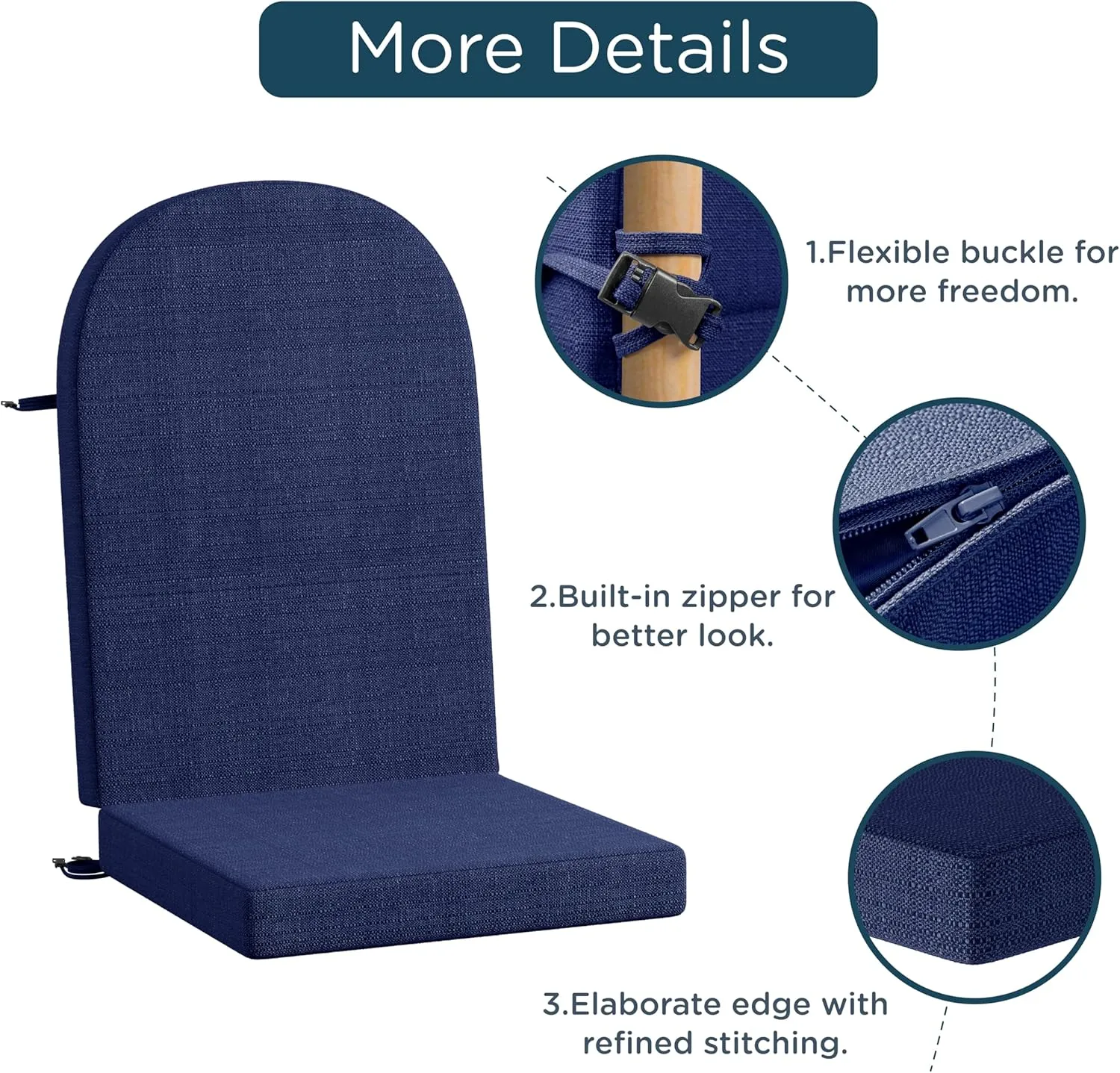 Codi Adirondack Chair Cushion – Thick Padded Outdoor Seat for Patio & Porch, Fade Resistant Waterproof Fabric with Ties, Navy Blue