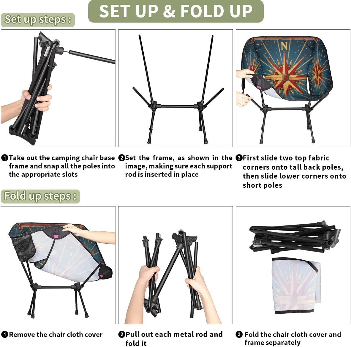 Compass Portable Camping Chair Lightweight Folding Backpacking Chair, Compact Foldable Beach Seat with Carry Bag for Outdoor Hiking Fishing Travel