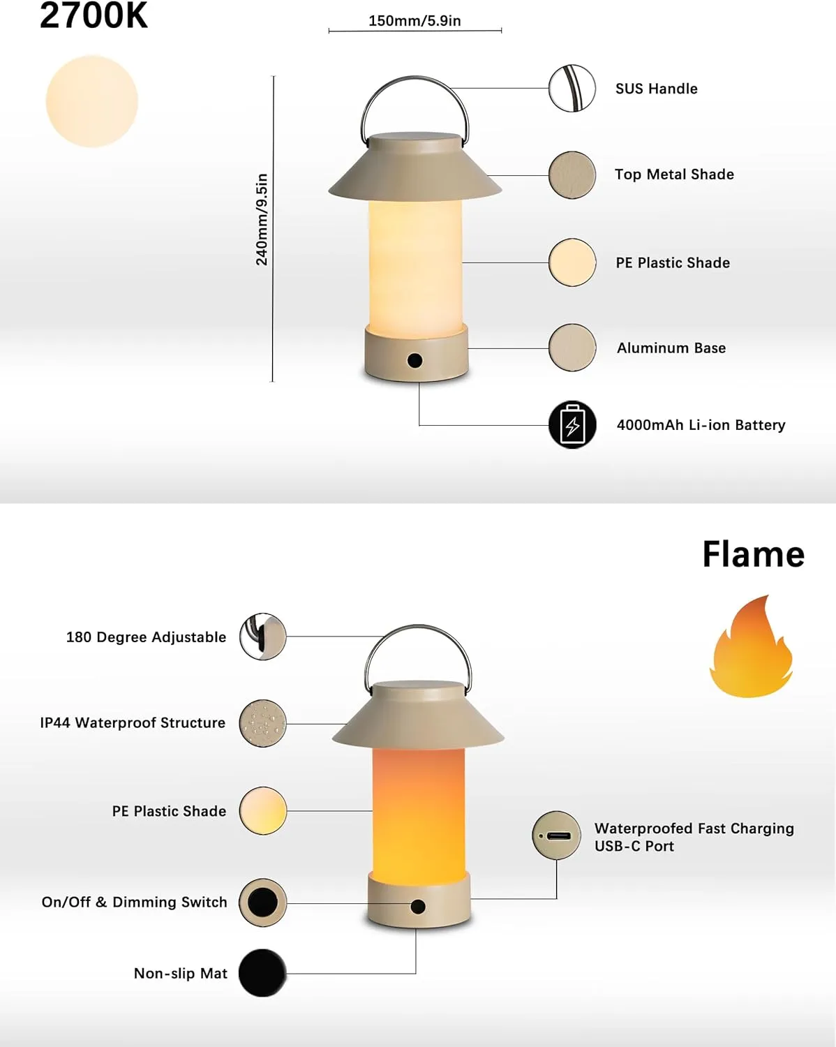 Cordless Table Lamp Rechargeable, Portable Battery Operated Lantern with Flame Effect, Waterproof Flameless Candle Mood Light for Home/Patio/Camping/Shower/Indoor & Outdoor (Black)