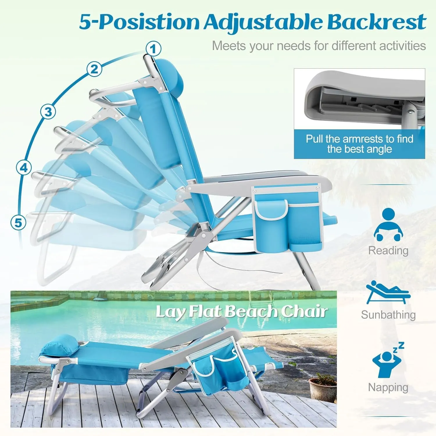 COSTWAY Backpack Beach Chair, Foldable Camping Chair with 5 Adjustable Position, Cup Holder, Storage Pockets, Straps, Towel Rack, Pillow for Patio Outdoor (Blue,1)