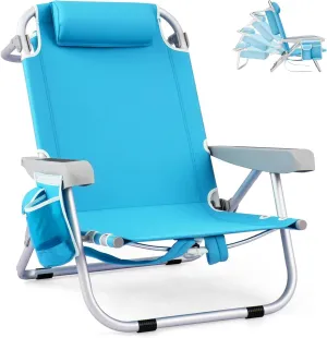 COSTWAY Backpack Beach Chair, Foldable Camping Chair with 5 Adjustable Position, Cup Holder, Storage Pockets, Straps, Towel Rack, Pillow for Patio Outdoor (Blue,1)