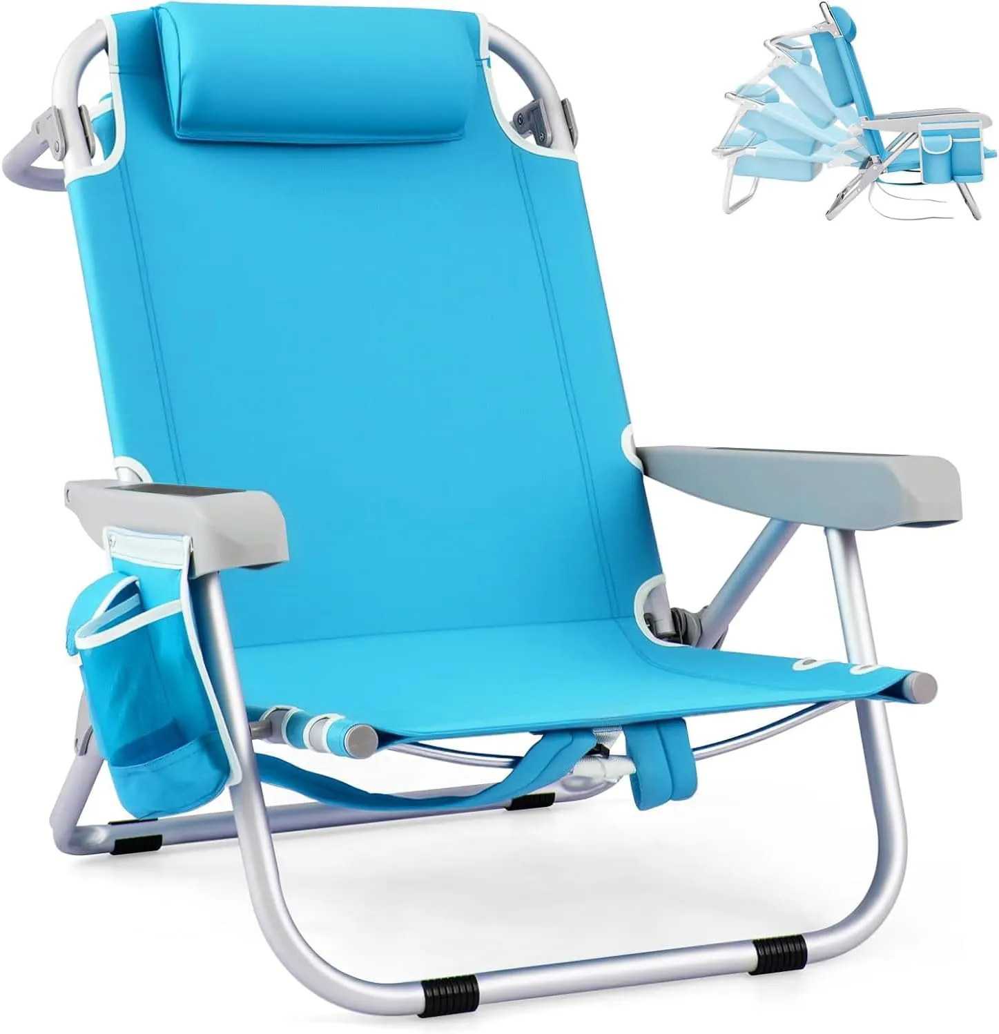 COSTWAY Backpack Beach Chair, Foldable Camping Chair with 5 Adjustable Position, Cup Holder, Storage Pockets, Straps, Towel Rack, Pillow for Patio Outdoor (Blue,1)