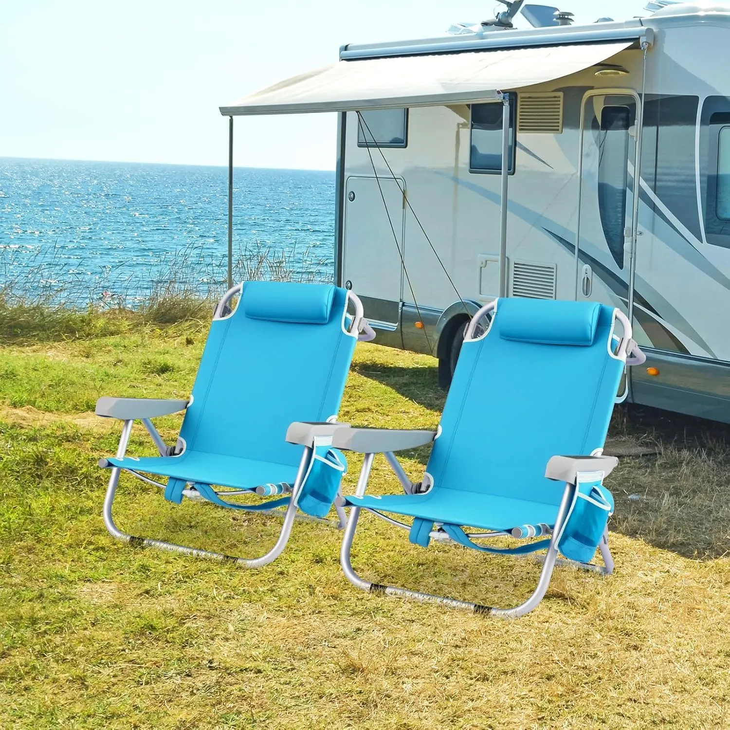 COSTWAY Backpack Beach Chair, Foldable Camping Chair with 5 Adjustable Position, Cup Holder, Storage Pockets, Straps, Towel Rack, Pillow for Patio Outdoor (Blue,1)