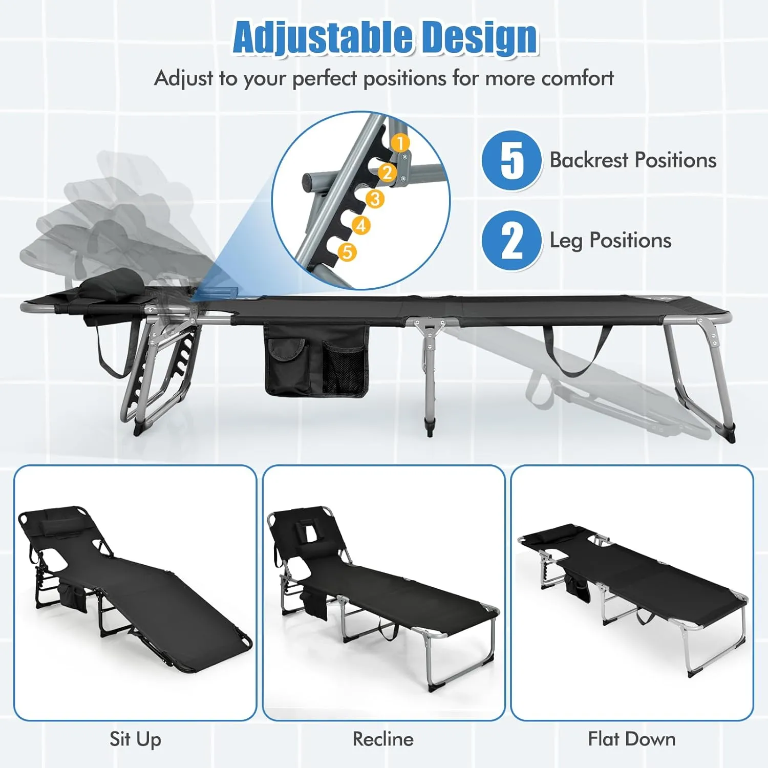 COSTWAY Folding Beach Lounge Chair, Tanning Chair with Face Hole, 5-Position Adjustable Backrest, Pillow & Side Pocket, Foldable Chaise Lounge Chair Outdoor for Sunbathing, Camping (1, Black)