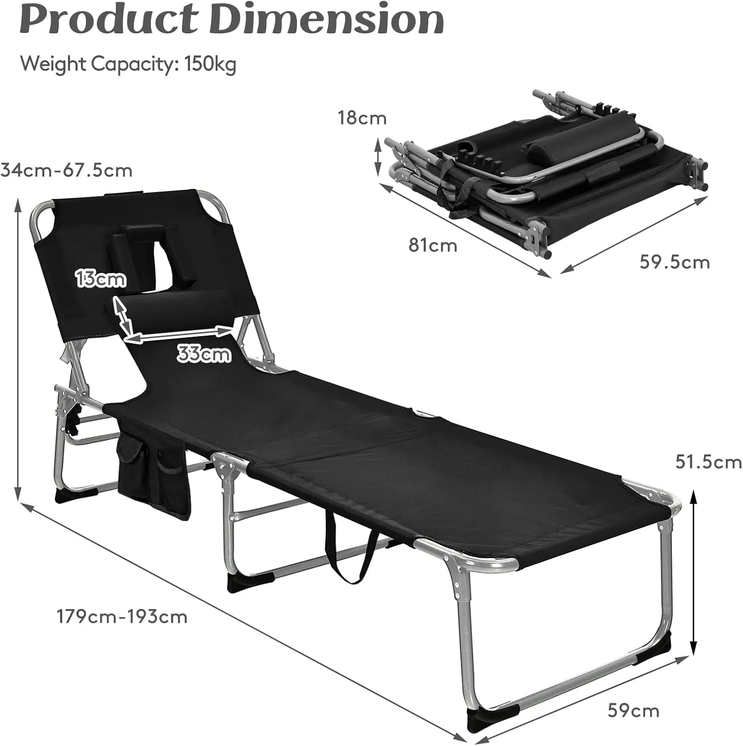 COSTWAY Folding Beach Lounge Chair, Tanning Chair with Face Hole, 5-Position Adjustable Backrest, Pillow & Side Pocket, Foldable Chaise Lounge Chair Outdoor for Sunbathing, Camping (1, Black)