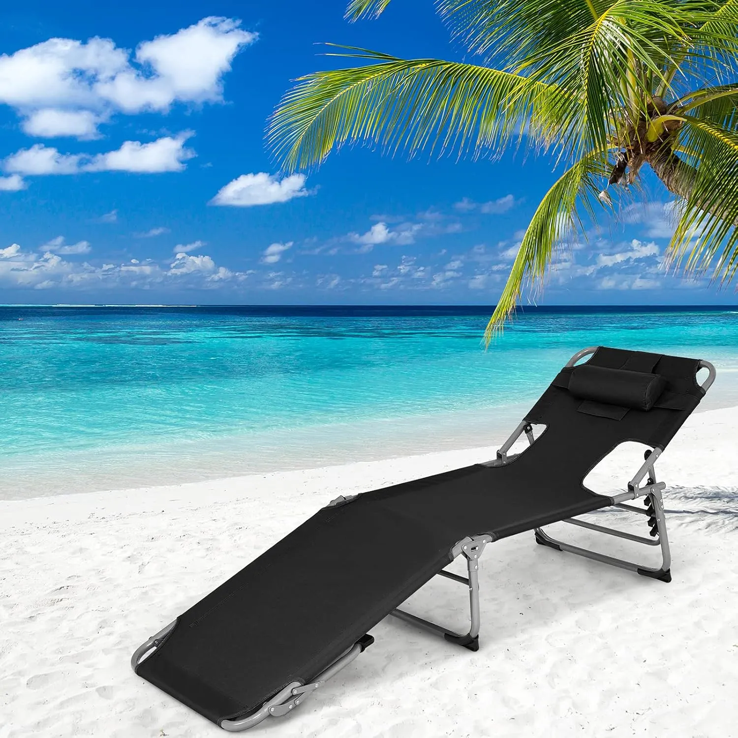 COSTWAY Folding Beach Lounge Chair, Tanning Chair with Face Hole, 5-Position Adjustable Backrest, Pillow & Side Pocket, Foldable Chaise Lounge Chair Outdoor for Sunbathing, Camping (1, Black)