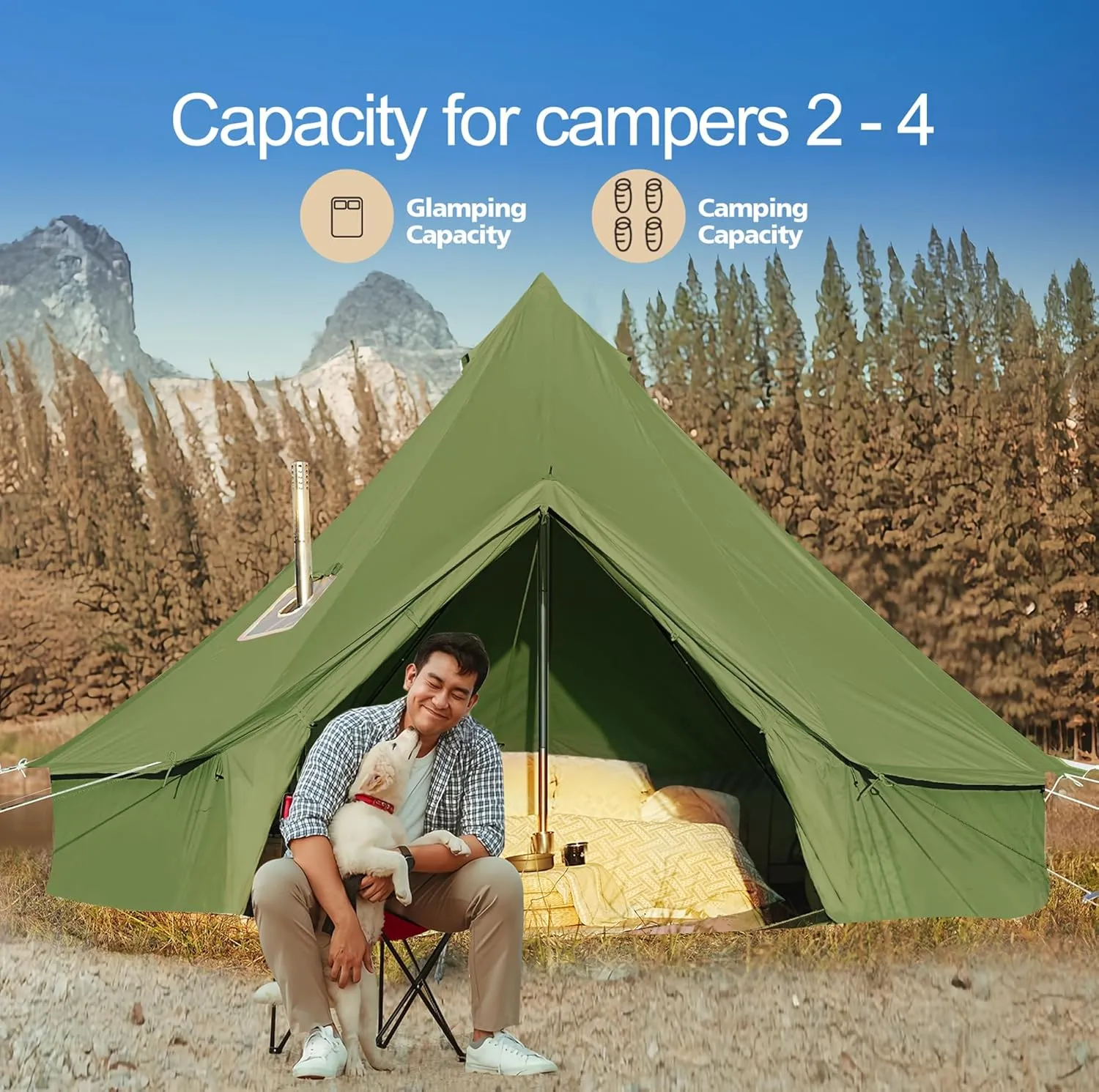 Cotton Canvas Bell Tent, Waterproof Large Tents with Sturdy Center & Door Pole and Space for 4/6/8 Person All 4 Season Camping Yurt Tent