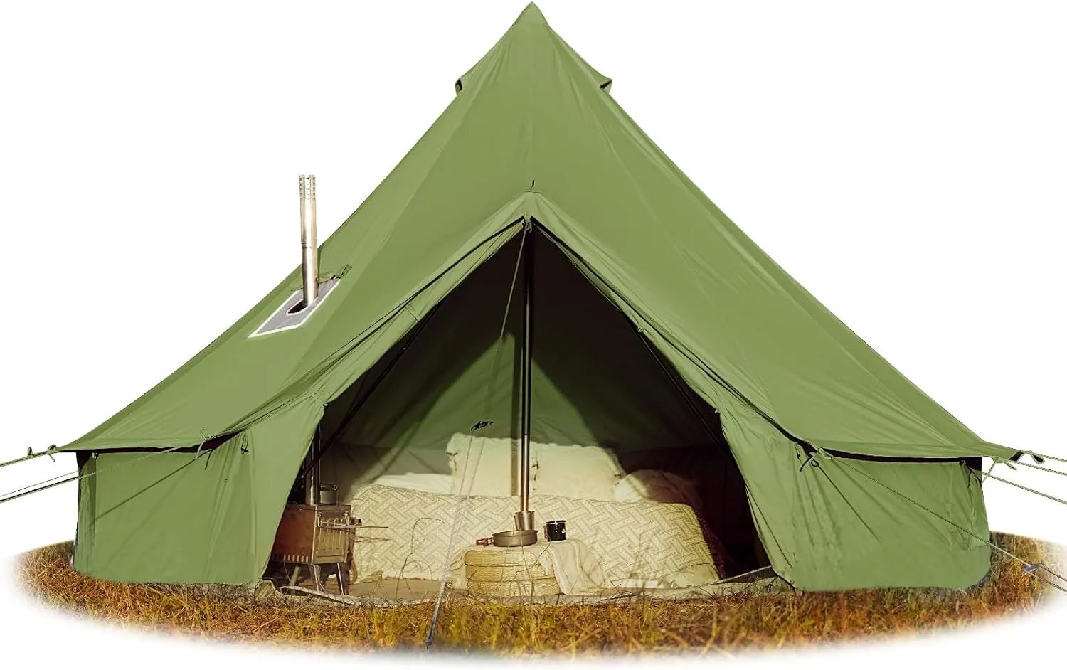 Cotton Canvas Bell Tent, Waterproof Large Tents with Sturdy Center & Door Pole and Space for 4/6/8 Person All 4 Season Camping Yurt Tent