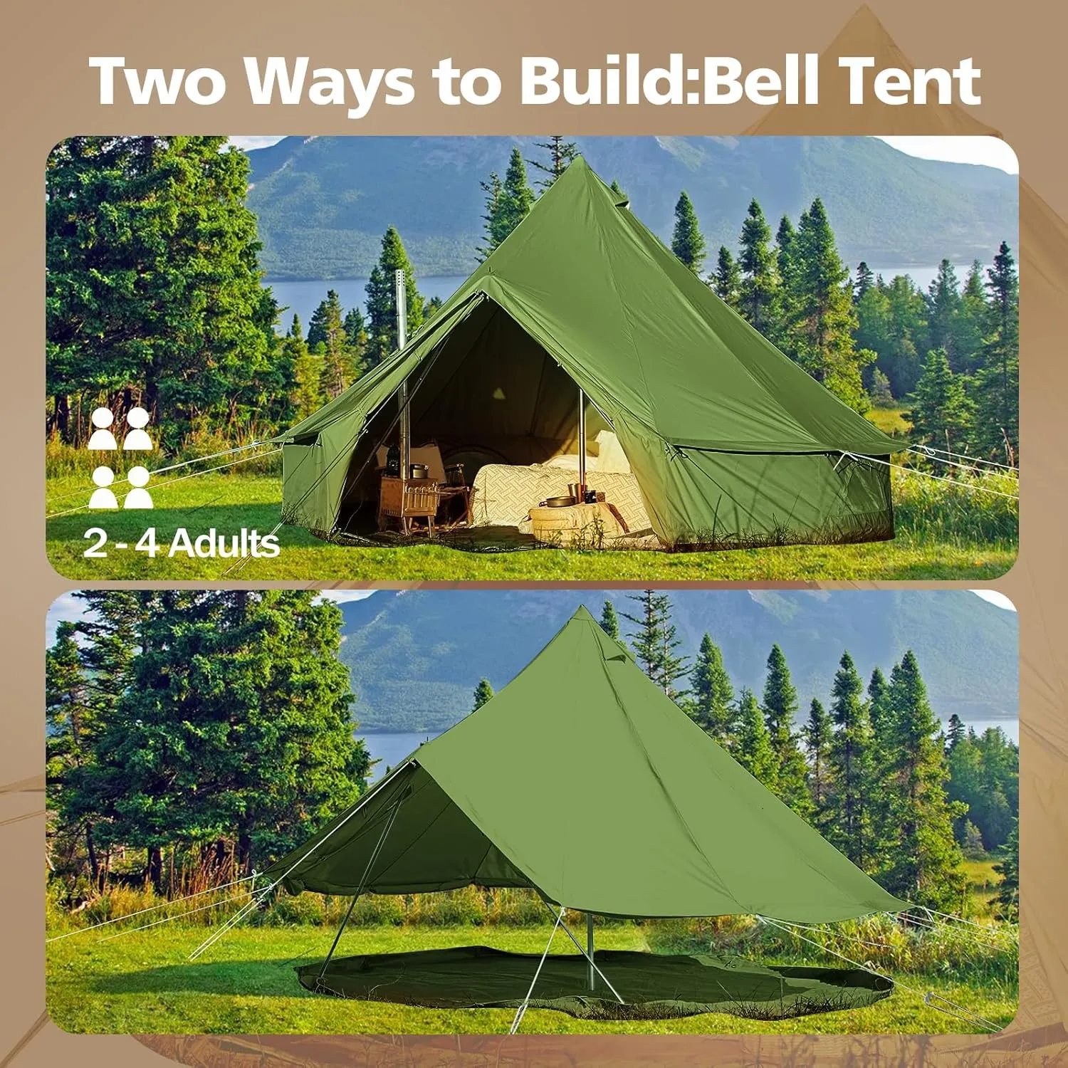 Cotton Canvas Bell Tent, Waterproof Large Tents with Sturdy Center & Door Pole and Space for 4/6/8 Person All 4 Season Camping Yurt Tent