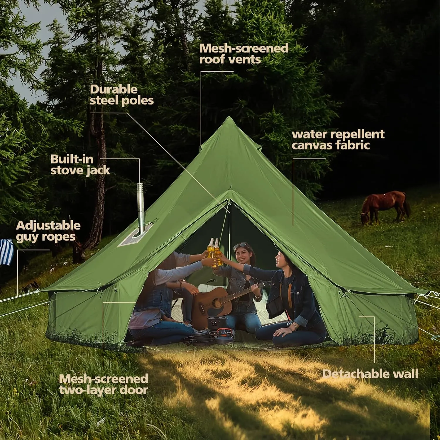 Cotton Canvas Bell Tent, Waterproof Large Tents with Sturdy Center & Door Pole and Space for 4/6/8 Person All 4 Season Camping Yurt Tent